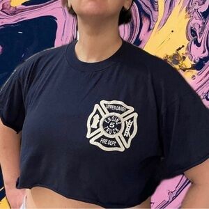 Vintage 90s Blue Upcycled Crop Top Upper Darby Fire Dept Pennsylvania Size XXL
